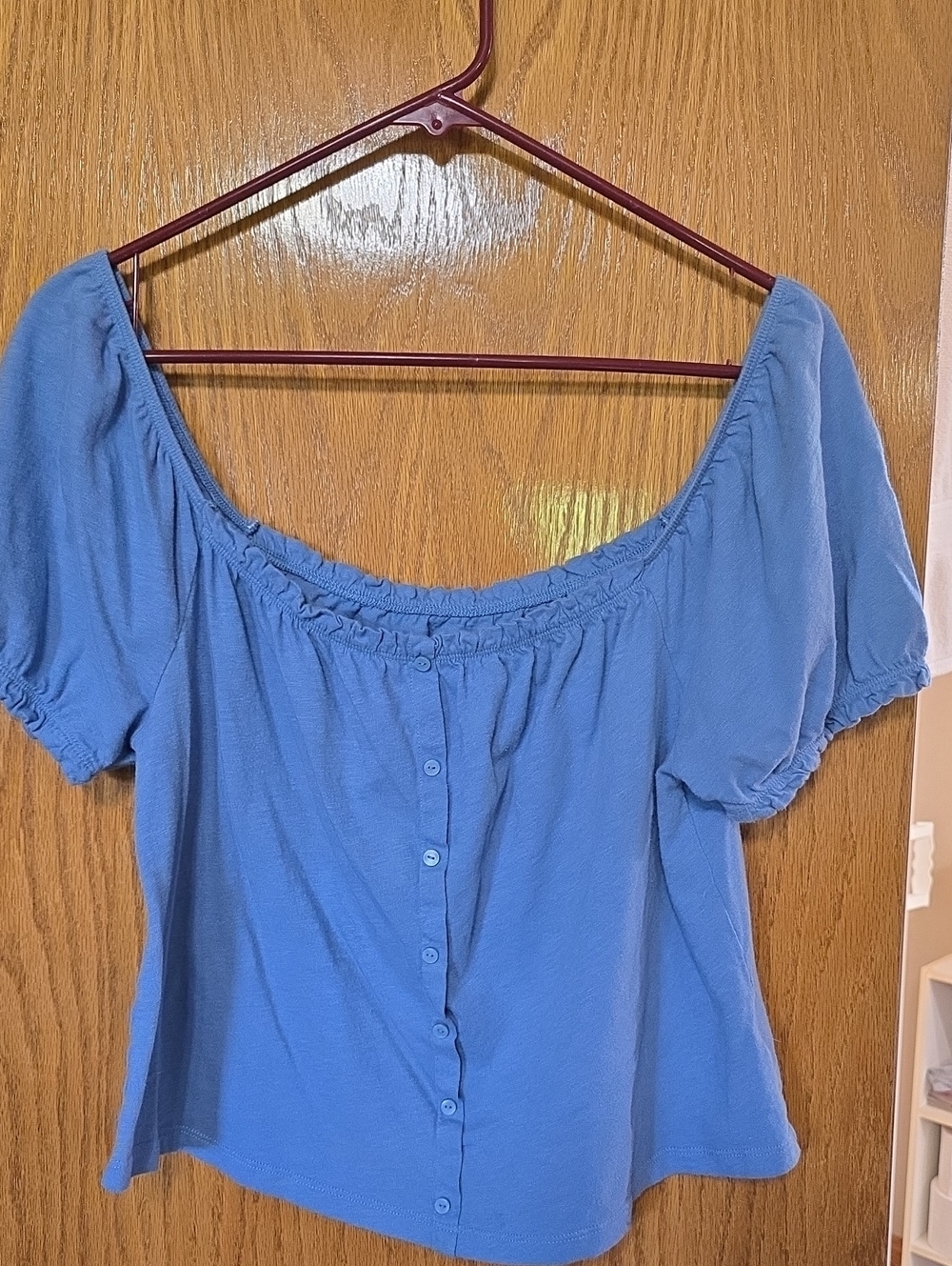 American Eagle Outfitters Light Blue Off-Shoulder Button Up